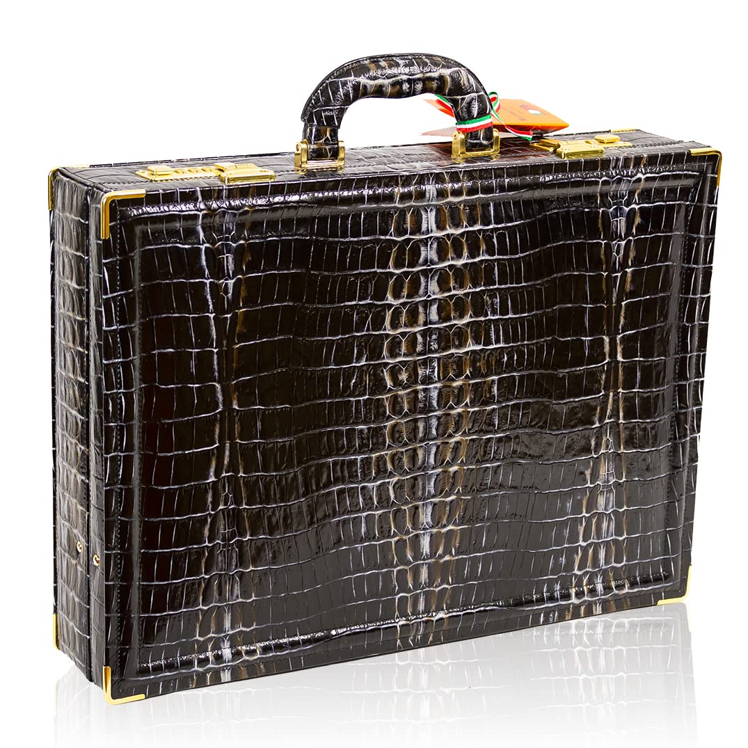 Men's Italian Designer Viceroy Graphite Gray Crocodile Leather Briefcase Attache