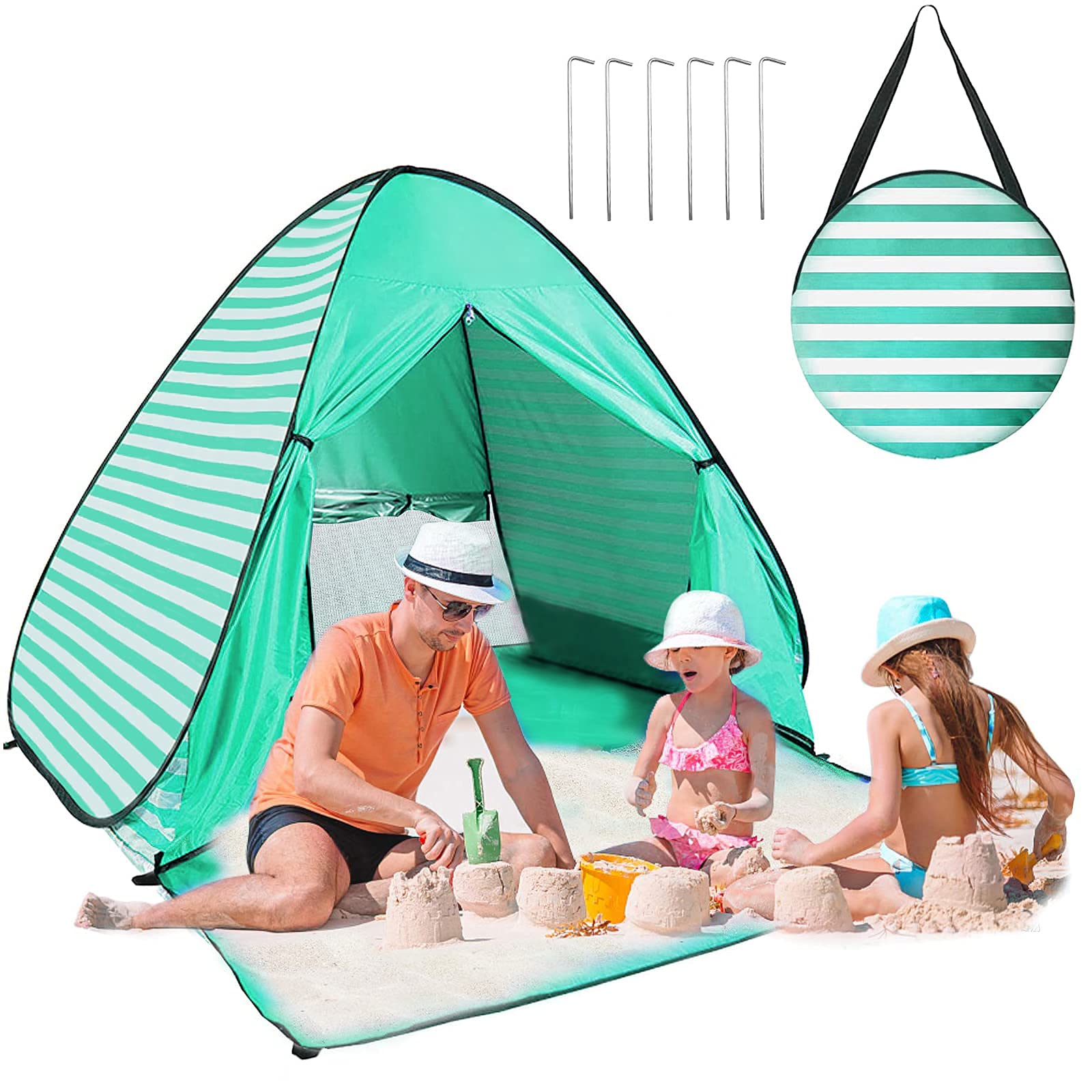 Pop Up Beach Tent Shelters & Gazebos for Kids 2-3 Person Automatic Instant Beach Tent Windbreaker Camping Outdoor Baby Tent Fishing Sun Shelters for Family, Fishing, Picnic (Green stripes(curtain)) — image 1