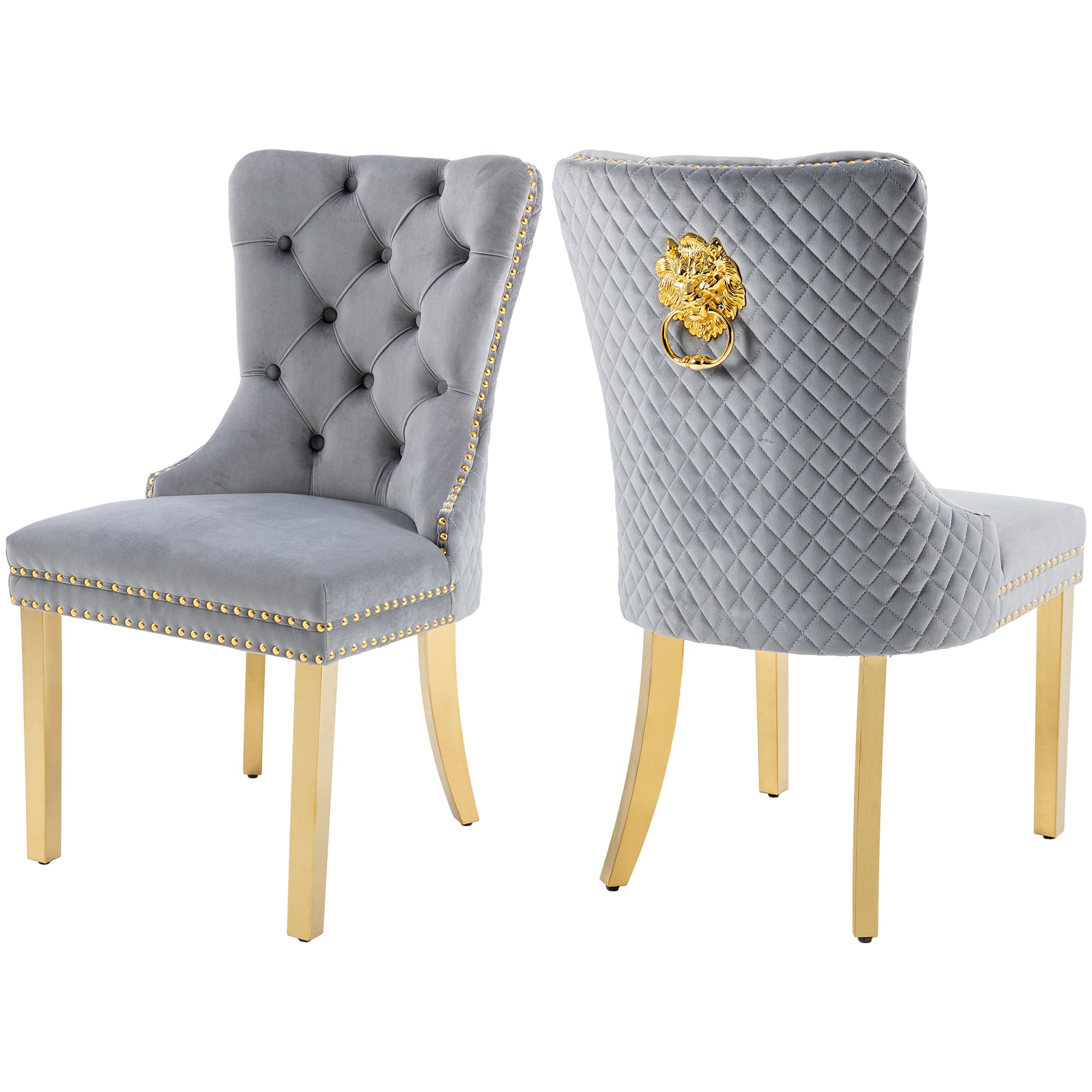 GOOLON Velvet Dining Chairs Set of 2, Upholstered Dining Room Chairs, Mid-Century Modern Chairs with Diamond Lattice Tufted Back, Lion Pull Ring Rivet