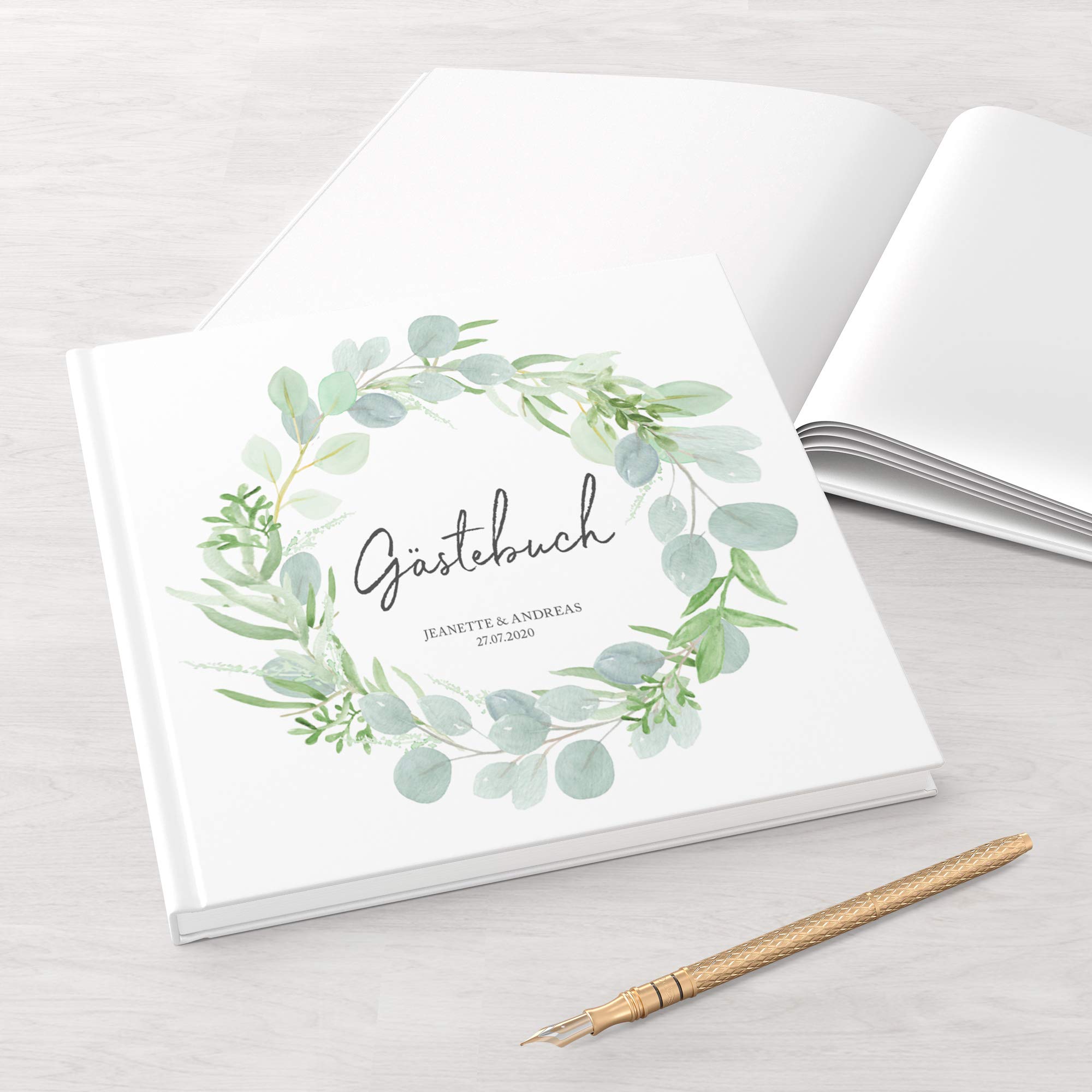 Gästebuch Hochzeit - personalisiert - Hochzeitsgästebuch, Hardcover 21x21 cm (Inhalt mit weißen Seiten, Eucalyptus Green Love)