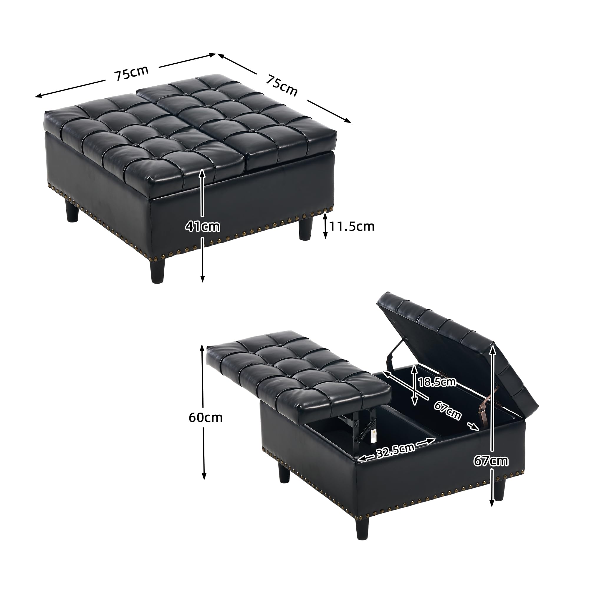 Sedia grande con vano portaoggetti quadrata, scatola imbottita, adatta per soggiorno, camera da letto, studio (nero PU)