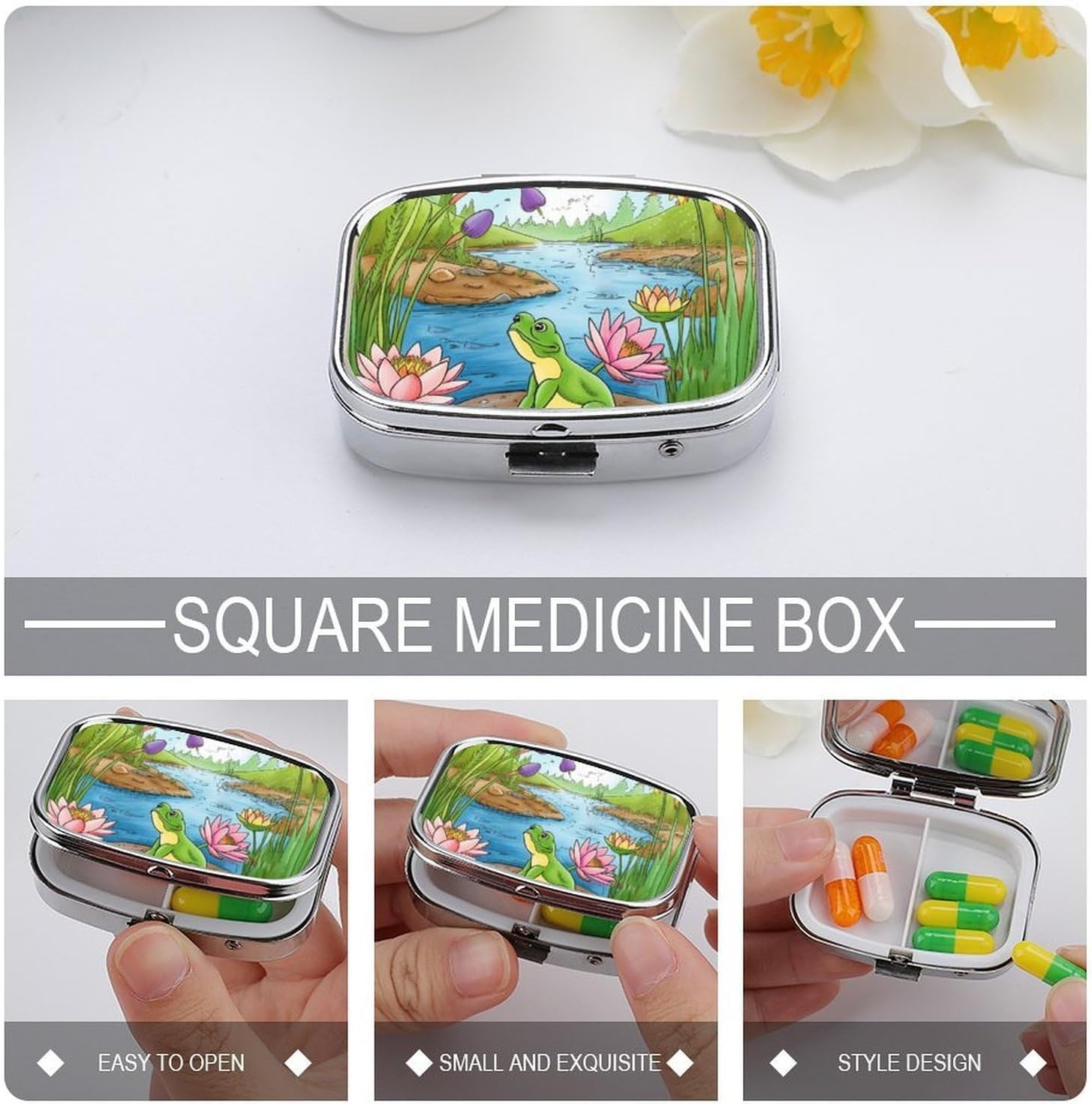Pill Case 2 Compartment Pill Box Round Pills Organizer Pond Party Pillbox Metal Waterproof Medicine Organizer Box for Travel Pills Container Storage Boxes for Medication Planner image 4