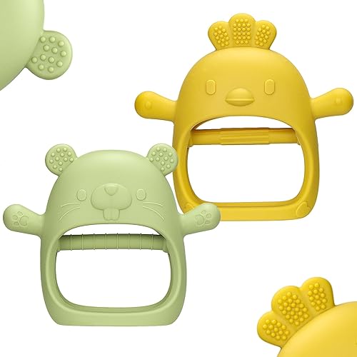TinyHalo 2pcs Silicone Baby Teething Toys, Self-Soothing Healthy Oral Development Teething Mittens, BPA Free, Anti-Drop, Adorable and Colorful Baby