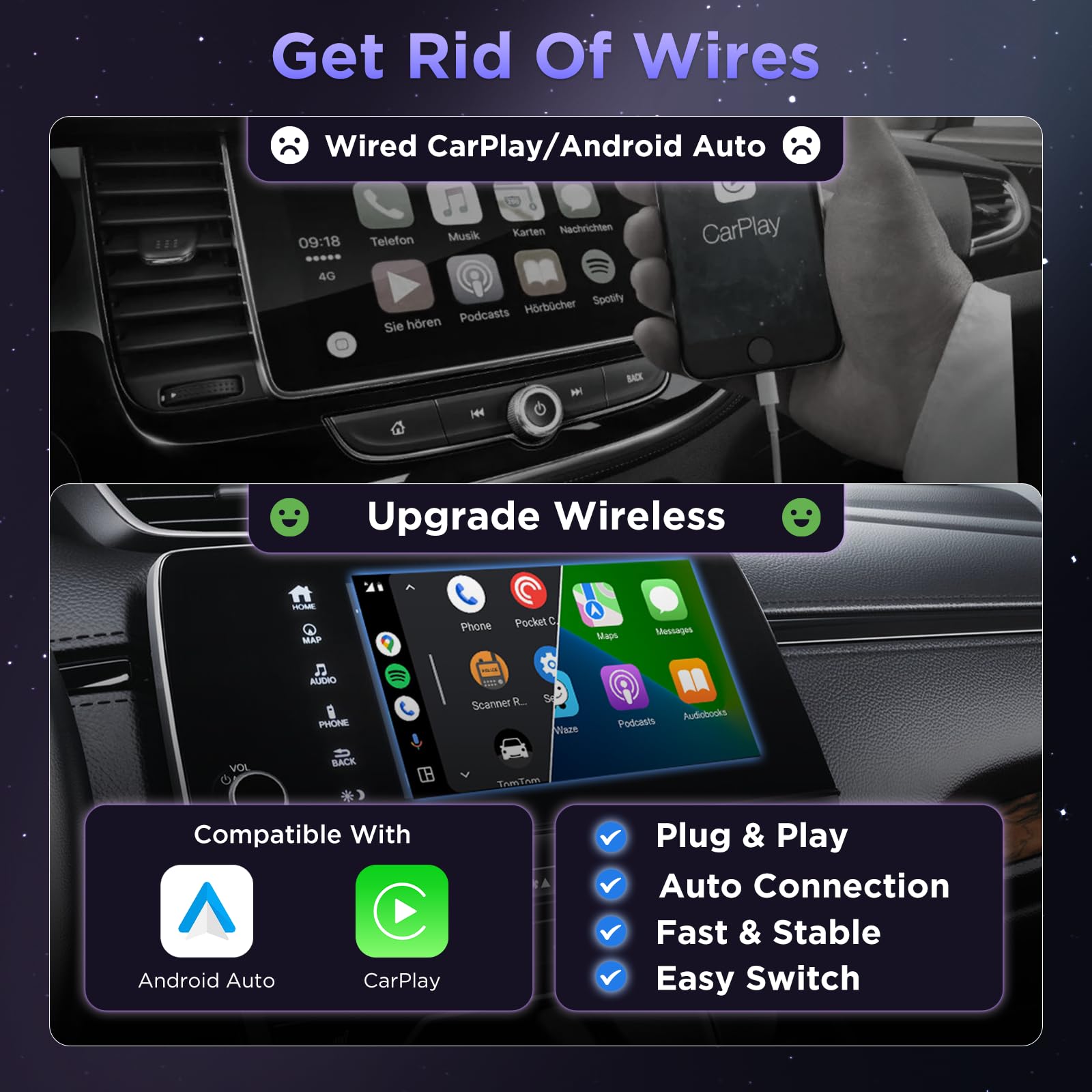 MSXTTLY Bezprzewodowy Adapter CarPlay, Adapter Android Auto U2AC-01, Konwertuje przewodowe CarPlay/AA na bezprzewodowe, Kompatybilny z iPhone 17/16–5 Pro Max oraz Android 11+, USB-C/A, Czarny