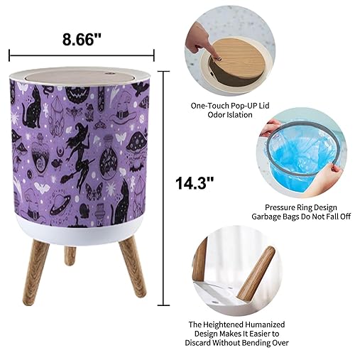 Miniatura 3 de Cubo de basura pequeño con tapa para baño, cocina, oficina, pañal de Halloween, patrón sin costuras, sombrero de bruja de gato, lindo otoño, negro,