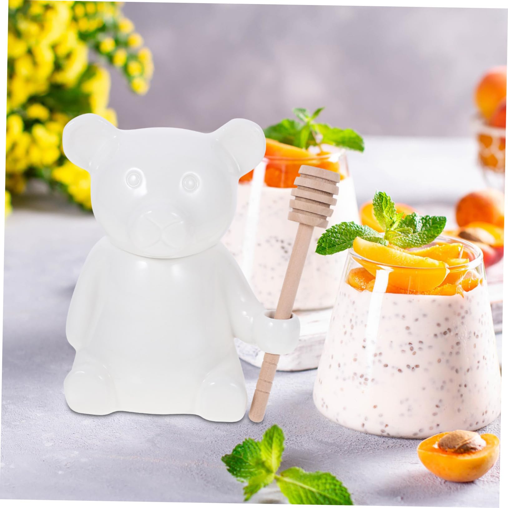 OFFSCH 1Set Ceramic with Dipper Holder Bear Shaped Sealed Storage Container Smooth Surface Kitchen Storage for Honey Syrup present for Bee Lovers