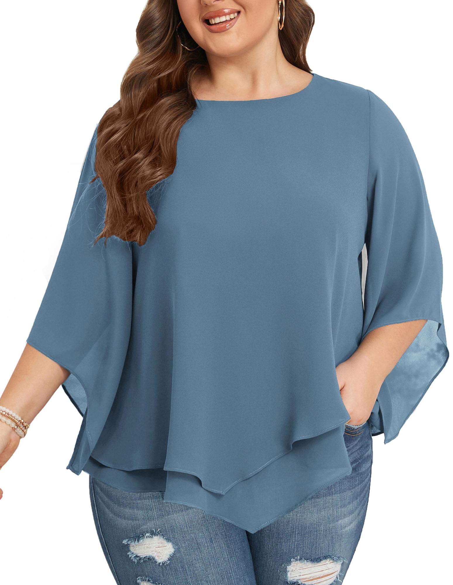 Hanna Nikole Damen Große Größen Chiffon Blusen 3/4 Ärmel Doppellagige Hemd Flowy Elegant Tops Lose Long Shirt