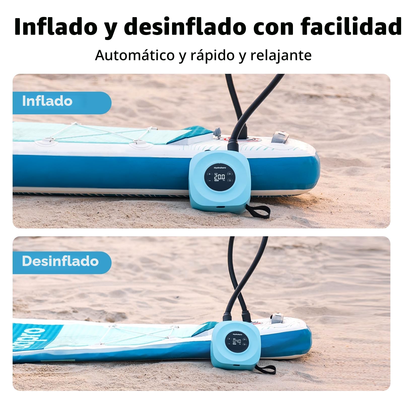 Hydrohero Bomba Eléctrica para Paddle Board, Sup Recargable 20 PSI, Inflado/Desinflado Inteligente a Doble Etapa, Apagado Automático para Tablas de Paddle, Cometa de Surf, Tienda, Barco