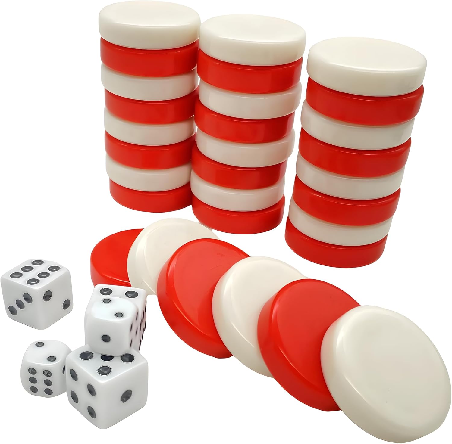 30 Pieces Backgammon Checkers Replacement Set Checker Board Games Playing Game Chips with 5 Dice Come with Drawstring Storage Pouch (Red&Ivory 1.25 inch)