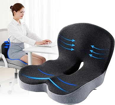 Memory Foam Office Chair Cushion, L-Shaped Integrated Seat Cushions, Chair Seat Cushion for Lower Back Tailbone Protection, Lumbar Support Black Gray