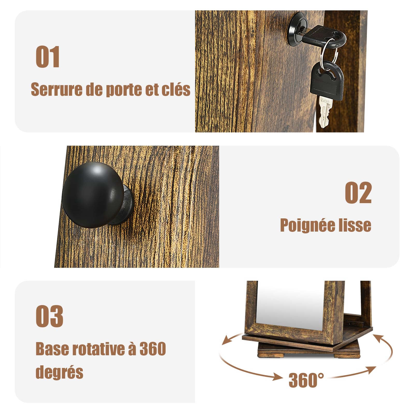 GOPLUS Armoire à Bijoux avec Miroir Plein Longueur, Armoire à Bijoux Pivotante sur Pied avec 3 Étagères de Rangement, Serrure, 3 en 1 Organisateur de Bijoux pour Maquillage, Habillage, Marron