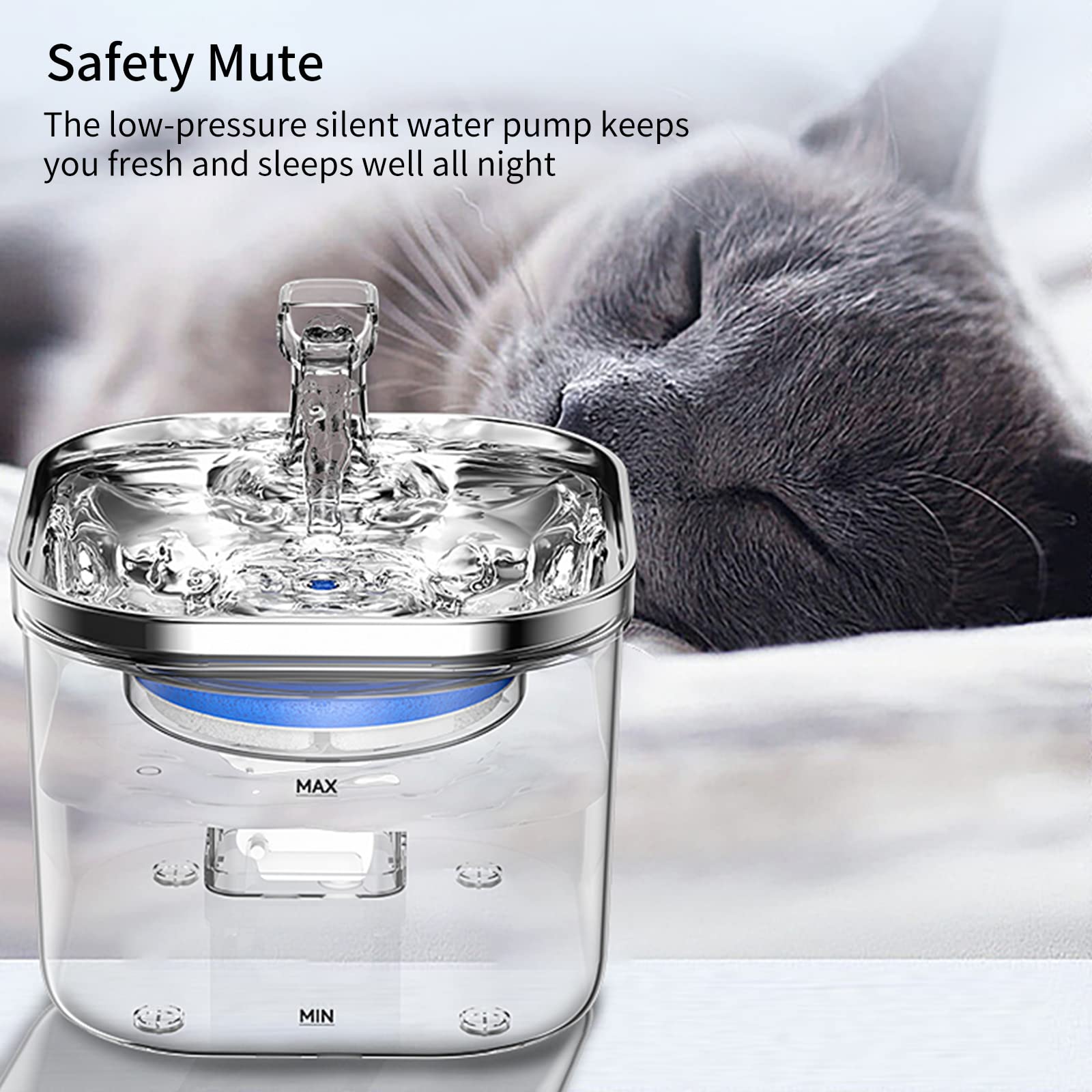 WF040 Fontana per Gatti con Induzione Intelligente 2L/67oz Fontanella per Animali Domestici in Acciaio Semi-Inossidabile Distributore d'Acqua Automatico con Pompa dell'Acqua Silenziosa per Cani