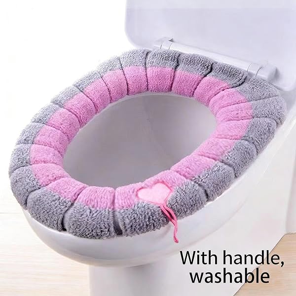Soft Toilet Seat Cover, Washable Plush Fabric Cushion with Handle, Universal Fit Thick Warm Pad, Assorted Colors, Round, 4 Pack - 5