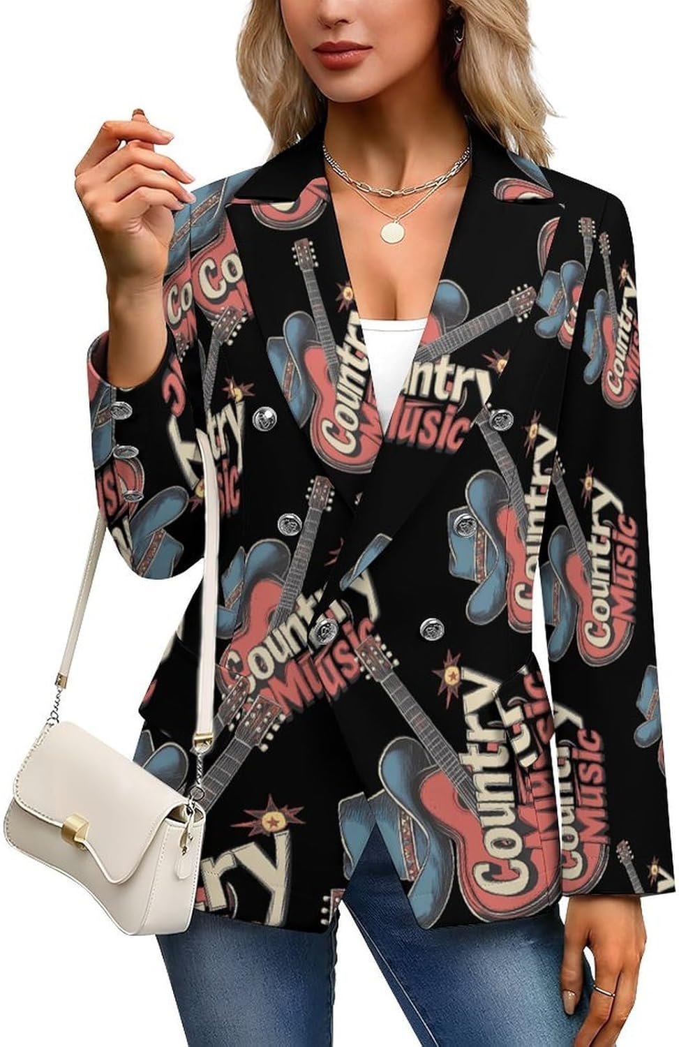 Country Muisic Electric Guitar Women's Blazer Long Sleeve Suits Business Casual Blazers Jackets Lapel Open Front Suit