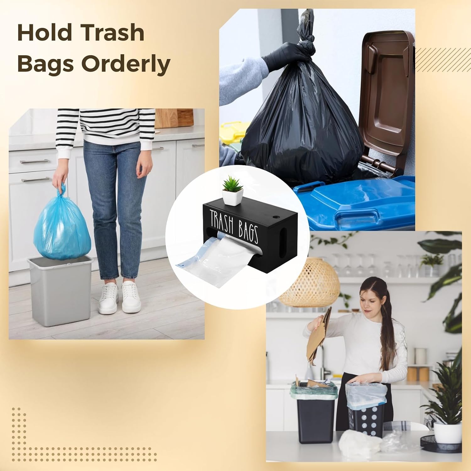 Wooden Trash Bag Dispenser Box With Front Access, Easy Refill Design, Compact For Counter And Under Sink Organization