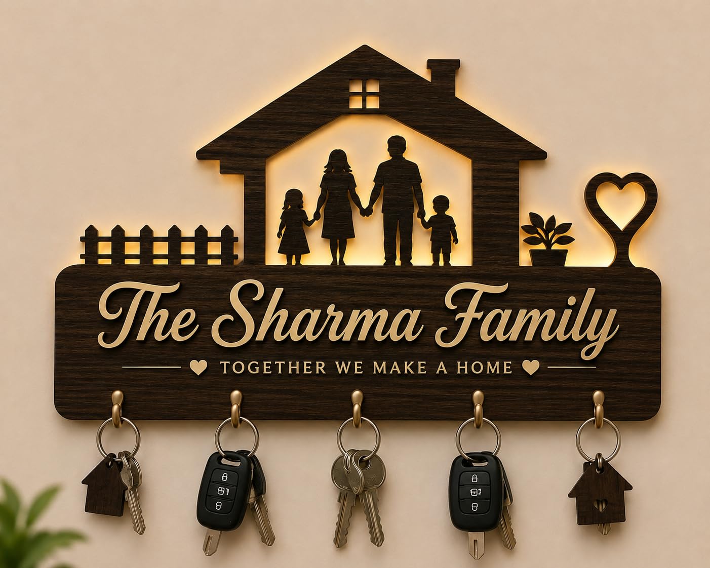 Personalized Family Name Wooden Key Holder for Wall | Customised Home Entrance Key Hanger with 5 Hooks, Housewarming Gift for Home & Office - 11 x 8 Inches-image-13