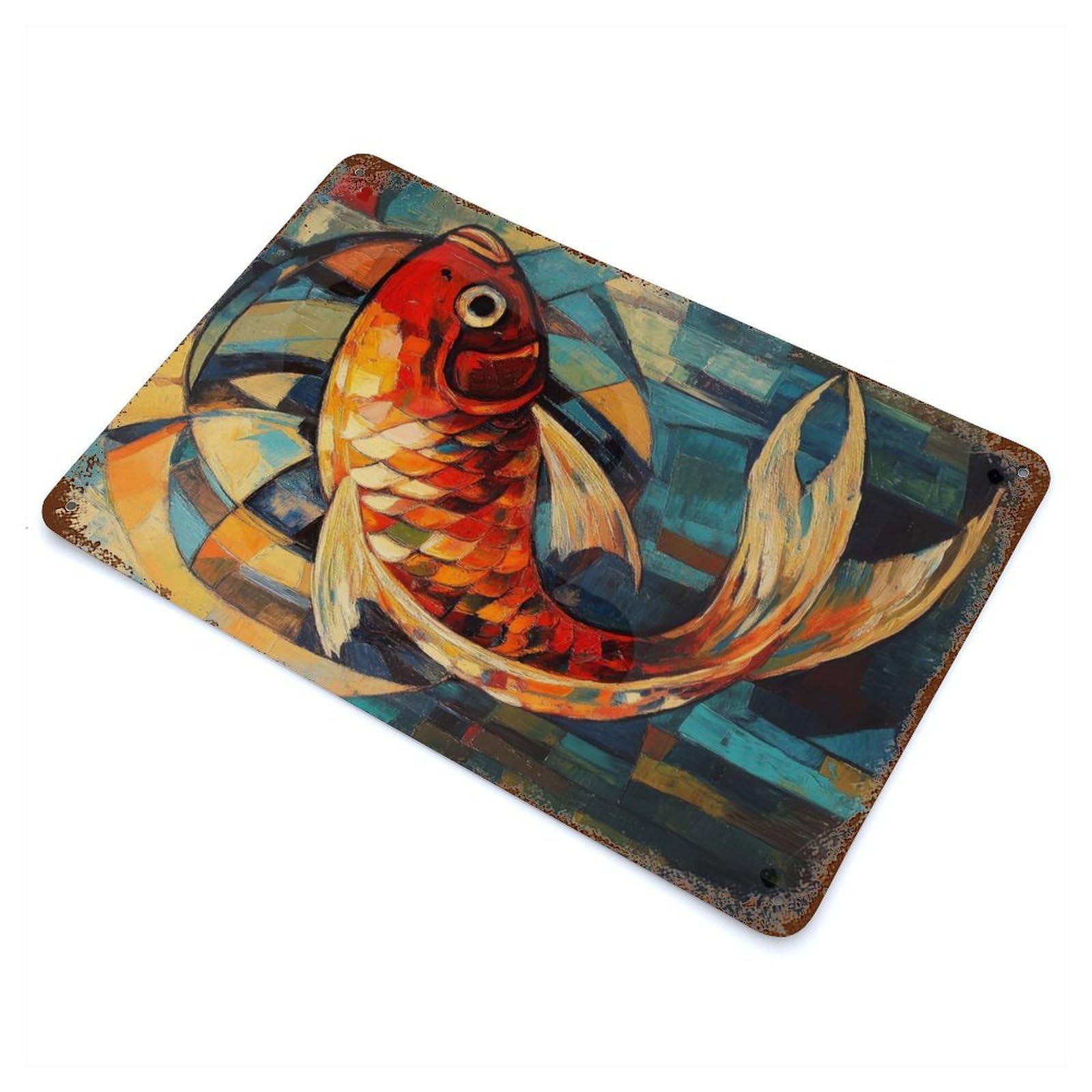 Koi Fish Oil Painting Vintage Rust Metal Sign 11.8"x7.9", Shabby Chic Decor for Garage, Pub Or Kitchen