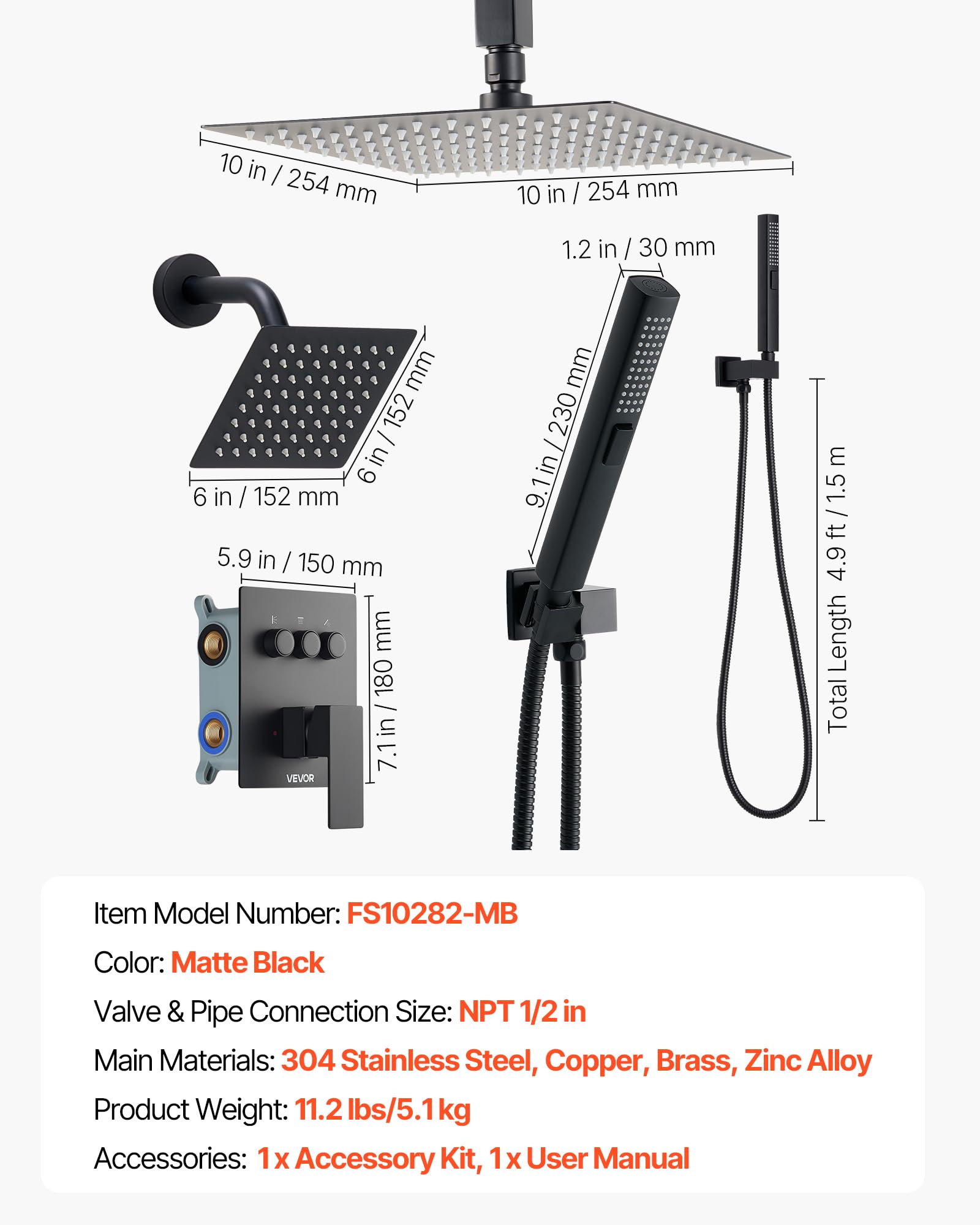 VEVOR Sistema de Ducha, Incluye Ducha de Lluvia de 25,4 cm, Cabezal de Pared de 15,24 cm, Cabezal de Lluvia Doble Giratorio 3 Funciones, Válvula de Latón y Kit de Embellecedor, Color Negro Mate
