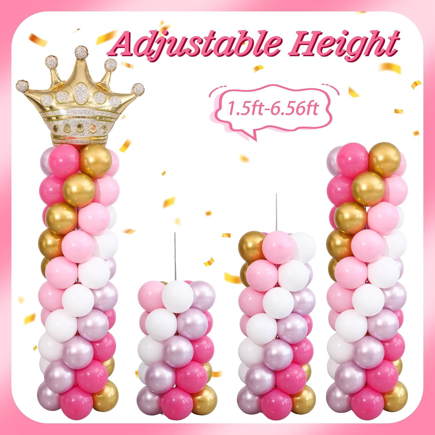 Princess Pink and White Gold Balloon Column Stand Kit Set of 2 for Floor Princess Birthday Party Balloon Arch Kit with 125PCS Hot Pink White Gold Balloon Towers for Girl Birthday Party Decorations