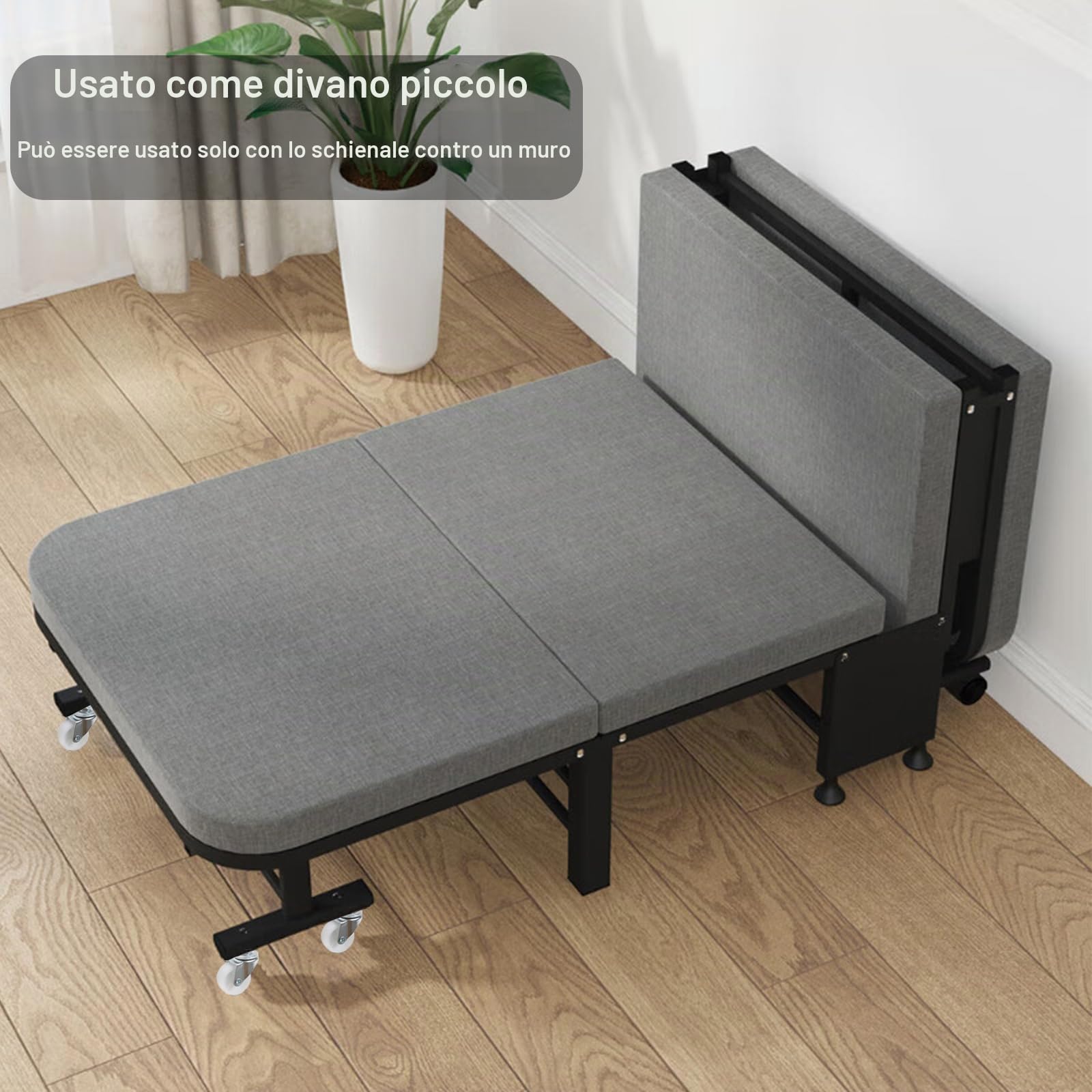 Letto Brandina Pieghevole con Materasso, 70x190cm Letto a Scomparsa, Letto Pieghevole Portatile con Struttura Resistente E 8 Ruote Girevoli