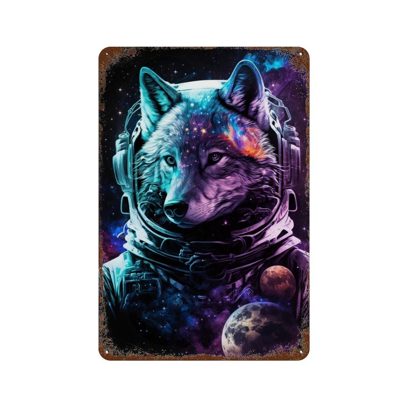 Retro Metal Sign with Wolf Astronaut in Space Design 11.8"x7.9", for Pub, Kitchen And Man Cave Decor, Rustic Home Decor