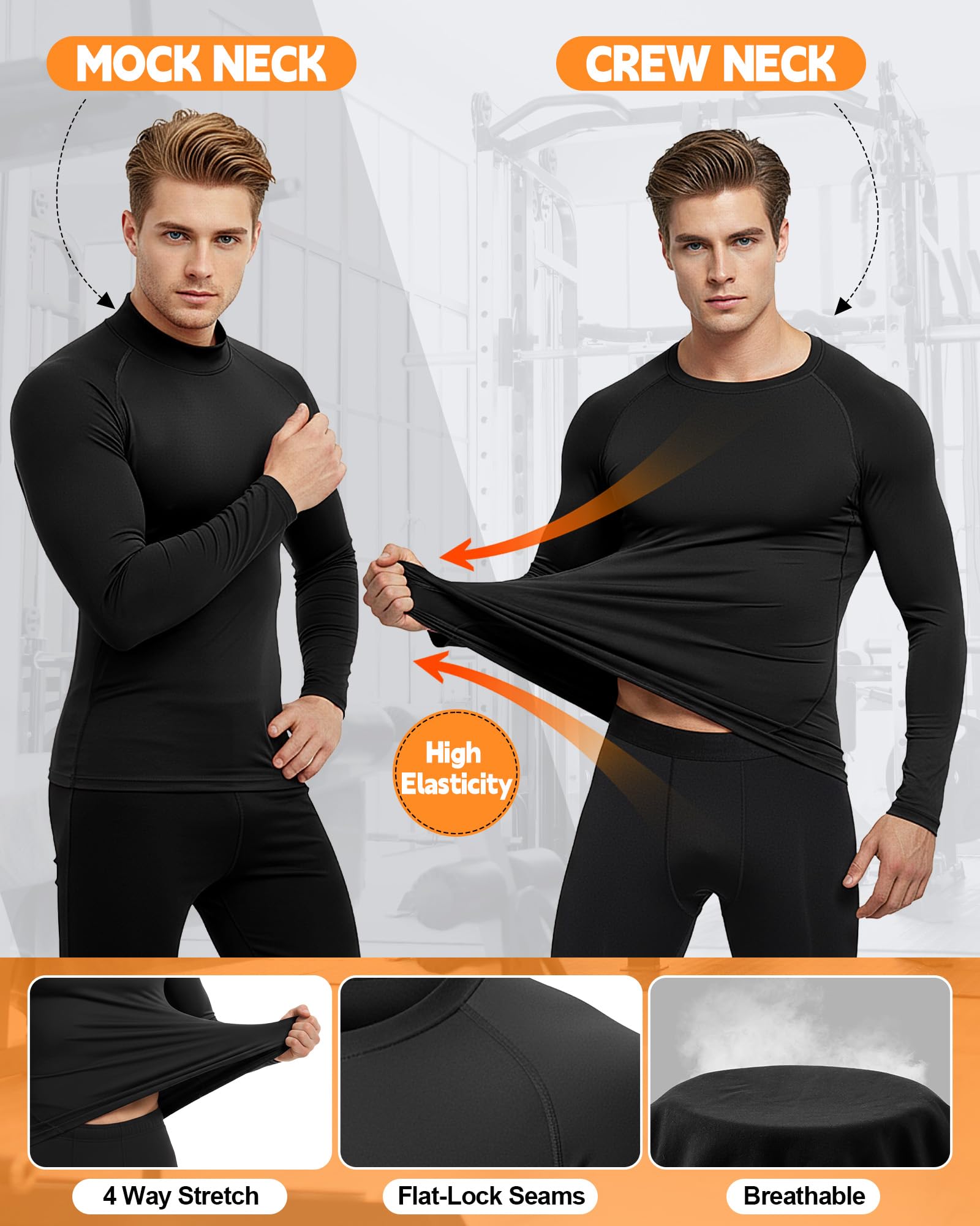 Coume Thermo-Kompressionsshirt für Herren, mit Fleece gefüttert, Rollkragen, Unterhemd, langärmelig, athletisches Workout, 4 Stück