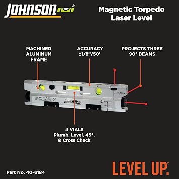 Johnson Level & Tool 40-6184 Magnetic Torpedo Laser Level, Silver & Black, 1 Laser Level