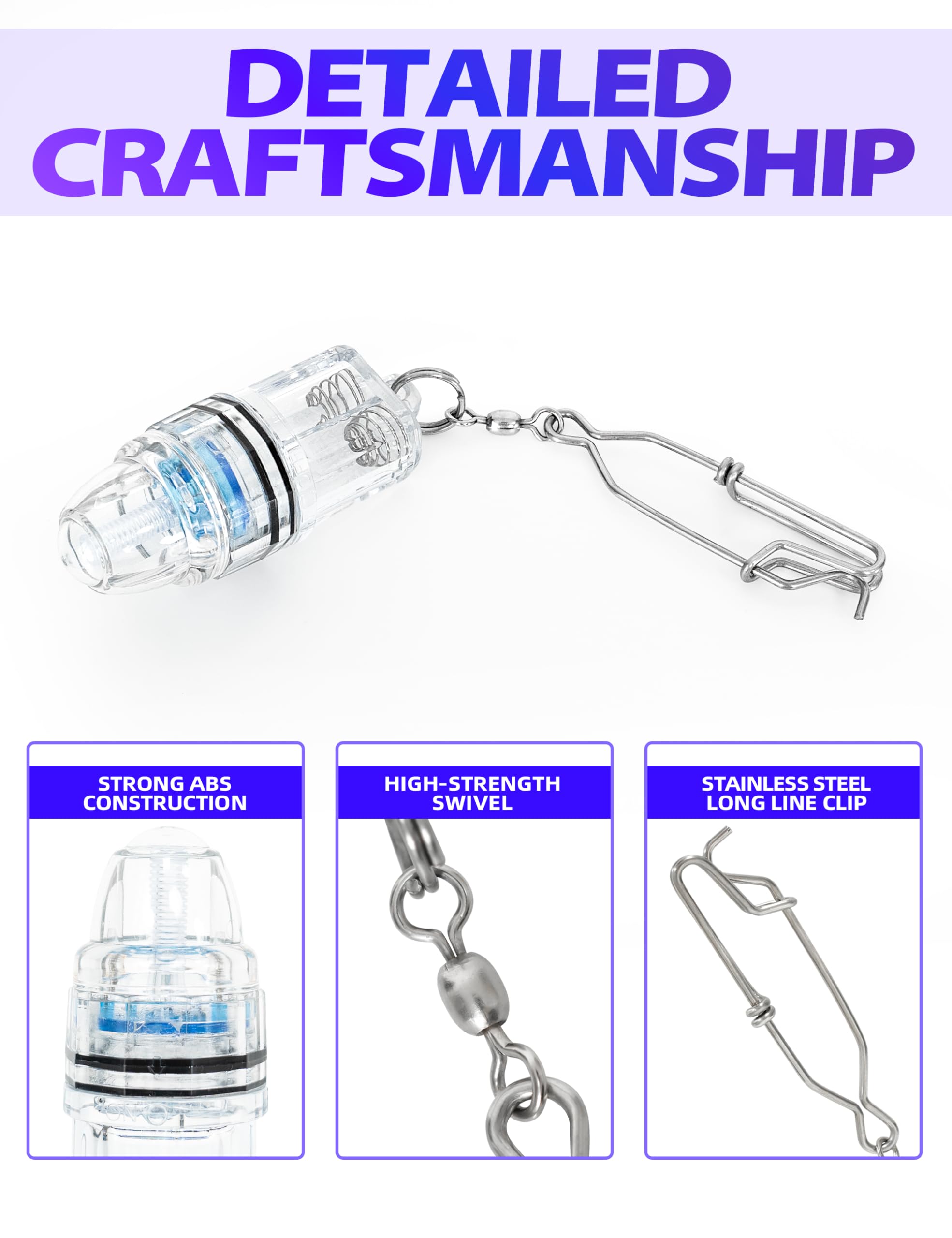 BLUEWING 3pcs Fishing Deep Drop Light with Stainless Steel Long Line Clip 2000 ft Underwater Fish Attracting Lamp for Swordfish, Tuna, Grouper, 4.3