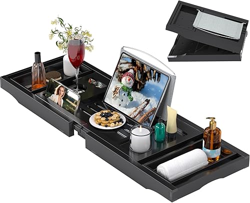 Vista 12 de Bandeja de baño de lujo para bañera, bandeja plegable de bambú con libro y soporte para copas de vino, accesorios de baño ampliables para spa o Negro