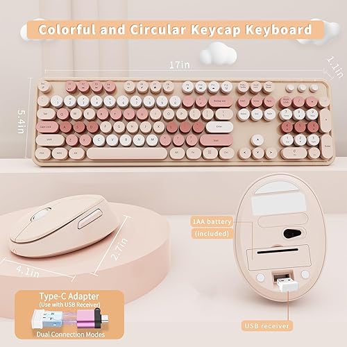 Miniatura 5 de Combo de teclado y mouse inalámbricos, teclado ergonómico de tamaño completo con diseño retro tipo máquina de escribir, con teclas redondas, Marrón