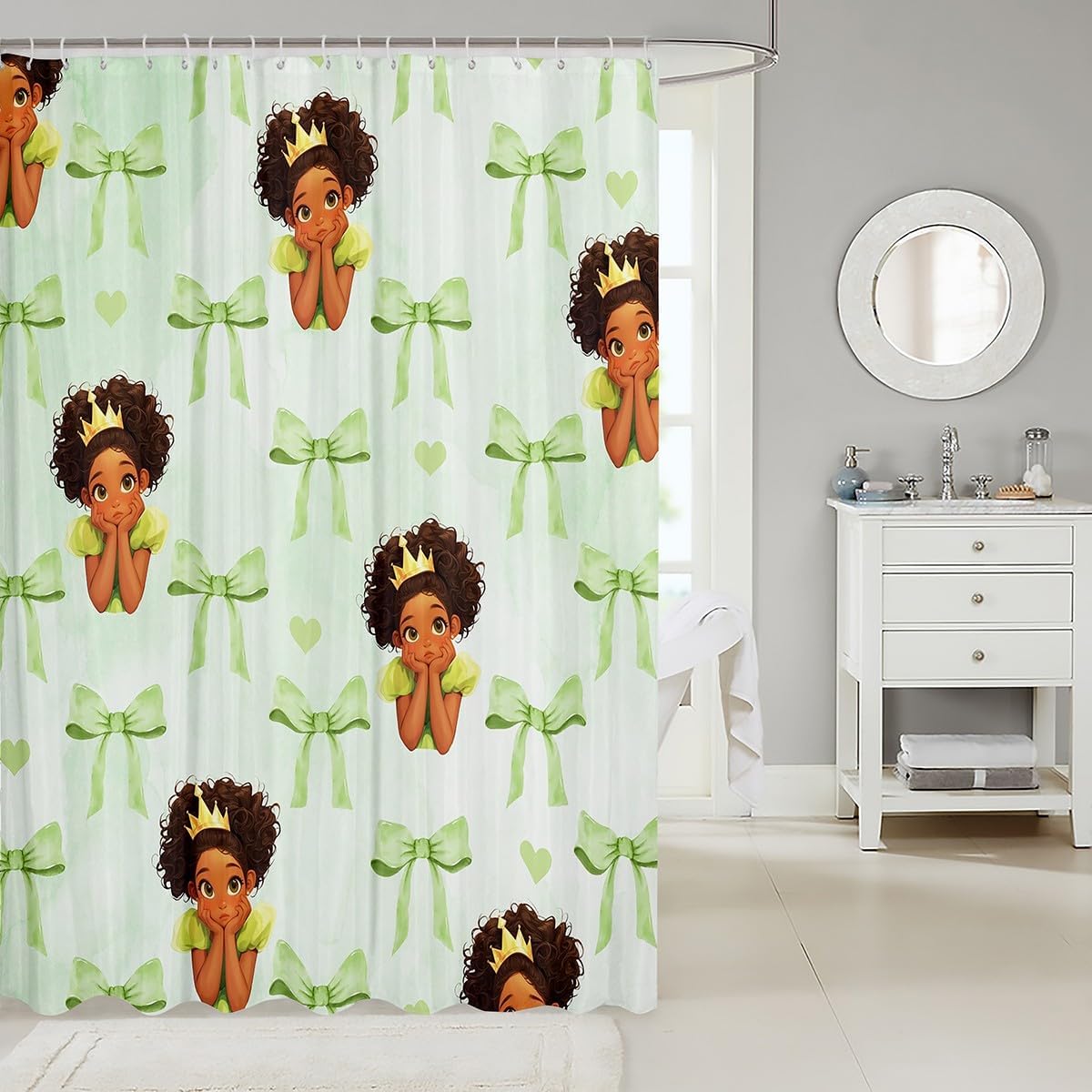 Manfei Cute Princess Bathroom Curtains for Kids Green Bowknot Marble Paint Shower Curtains,Fairy Tale Black Skin Girl Frog Crown Bath Curtains with 12 Hooks,Waterproof,72" W x 78" L
