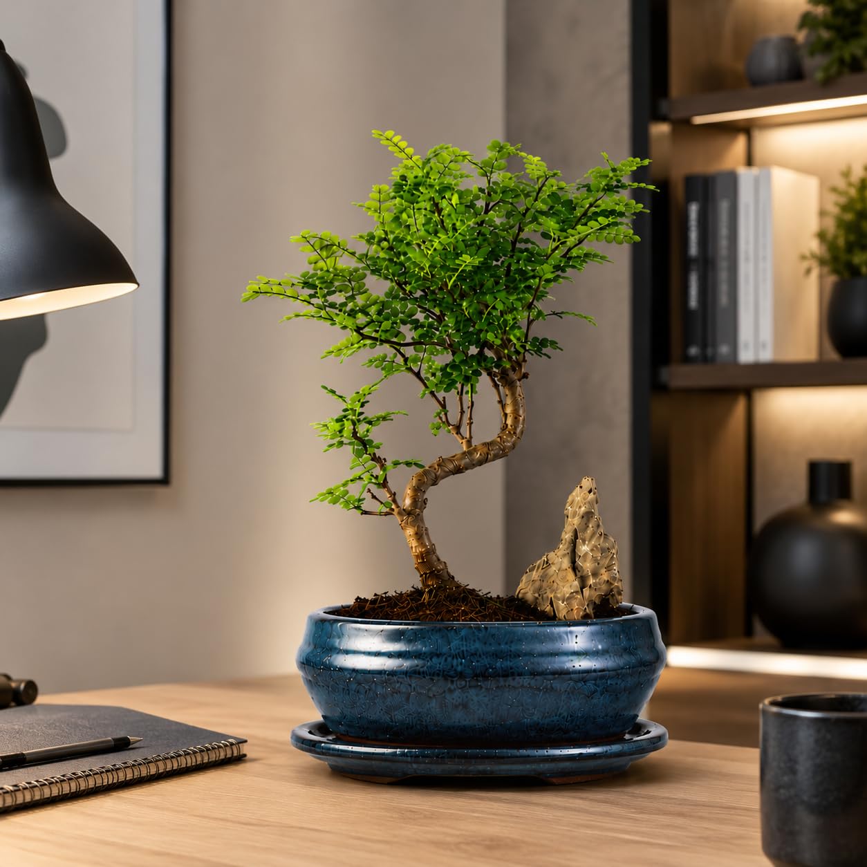 Japanischer Pfeffer Bonsai (Xanthoxylum piperitum) mit Dekorativem Stein – Indoor Bonsai in 15 cm Keramikschale mit Untersetzer – Lebender Bonsaibaum für Zuhause & Büro