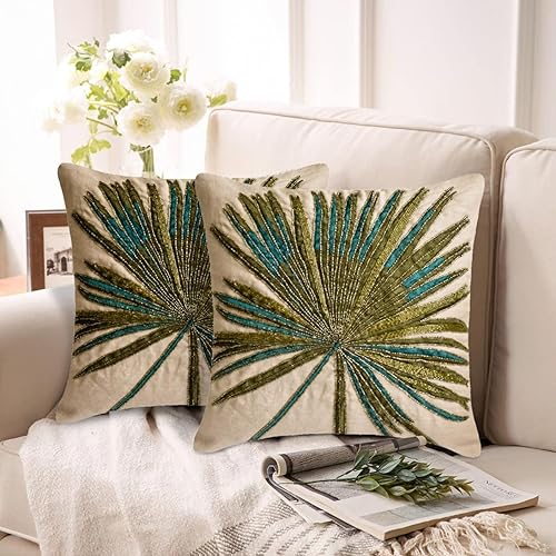 Miniatura 4 de The HomeCentric Fundas de almohada decorativas florales de 18 x 18 pulgadas  Funda de cojín moderna de lino  Fundas de almohada verdes con cuentas