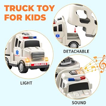 Ambulance Truck Boys Toys for 3 4 5 Year Old Toddlers, Transport Vehicle Carrier, Toy Sets Kids 3-6, Gift for Boys & Girls Ages 4-6 5-7 (Ambulance 5 in 1)