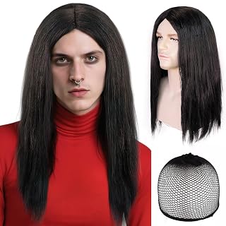 Long Black Wig Men 80's Rocker Long Black Cosplay Wig Mens Long Hair Wigs Rock Costume Wig Straight Black Male Wigs for 80s Rocker Hip Hop Rock Cosplay Halloween Costume Outfit+Hair Cap - Amazon product rated Grade A