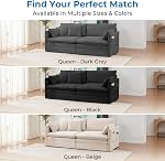 Mjkone 198CM Pull Out Sofa Bed, 3-in-1 Convertible Sleeper Sofa with Side Pockets, Queen Size Velvet Pull Out Couch Loveseat Sleeper Bed for Living Room Apartment Home Office Guest Room, Dark Grey