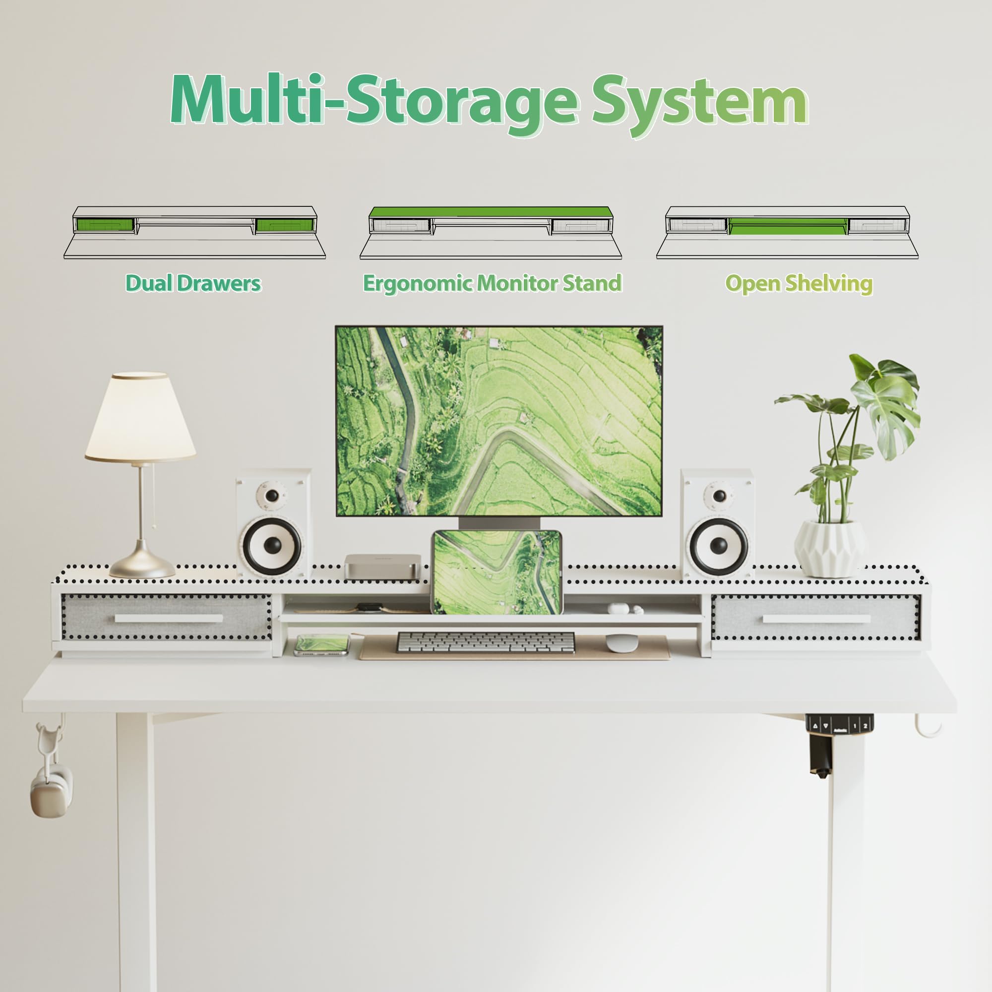 Agilestic Glass Standing Desk with Storage, 48 Inch Electric Adjustable Desk with Glass Shelf and Cable Management, Sit Stand Up Home Office Computer Table, Splice Board, White: White 48 x 24 Inches with 2 drawers