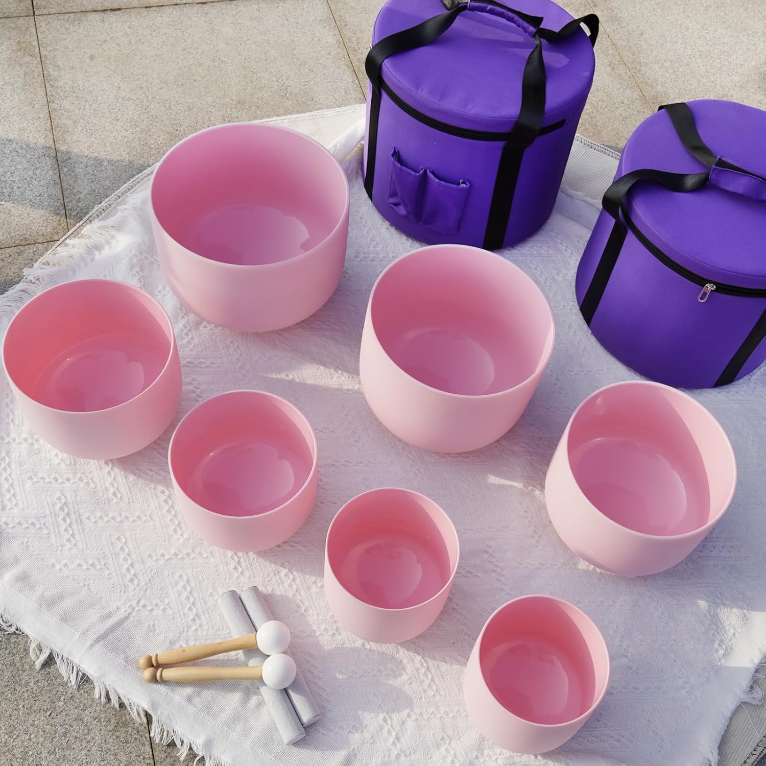 KVKA 432Hz 6-12" Set of 7 pcs Pink Colored Quartz Crystal Singing Bowl Sound Healing Tuned Bell with Carrying Case