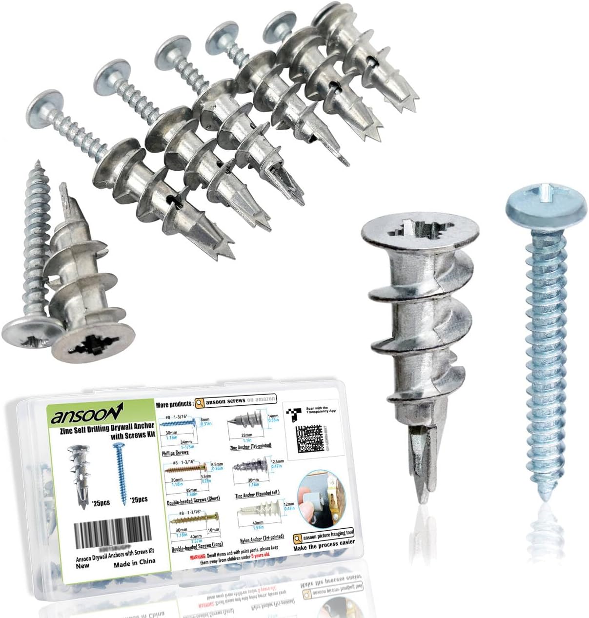 Zinc Self-Drilling Drywall Anchors with Screws Kit, 50 Pieces All Together