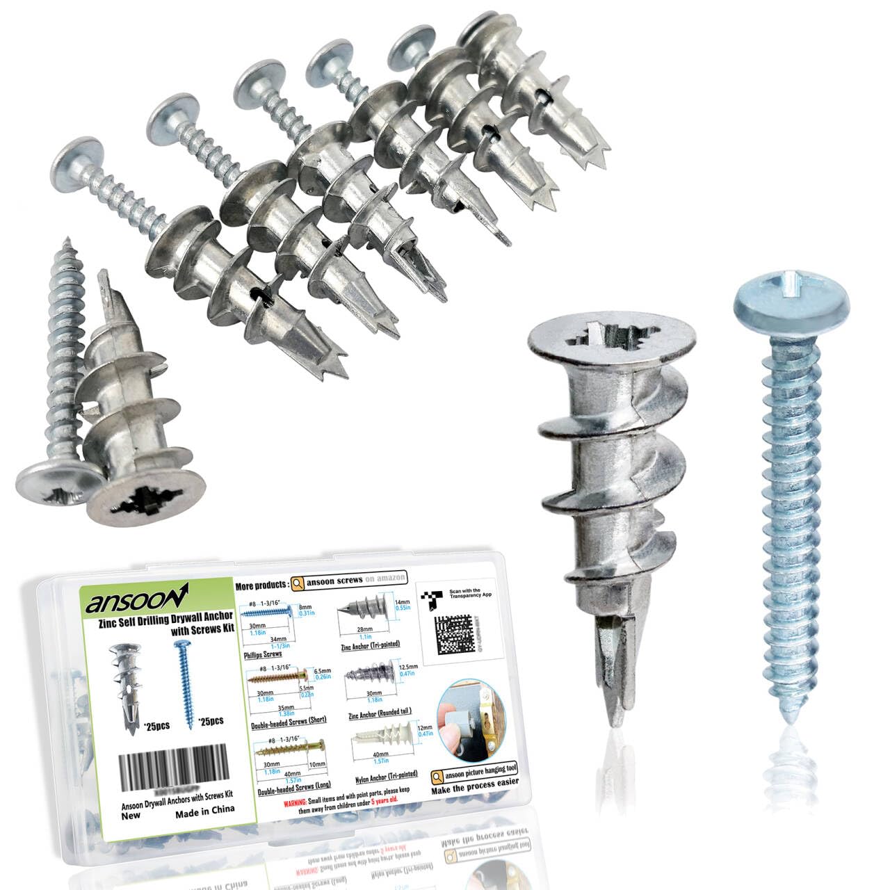 Zinc Self-Drilling Drywall Anchors with Screws Kit 25 Heavy Duty Metal Wall Anchors and 25 8 x 1-1