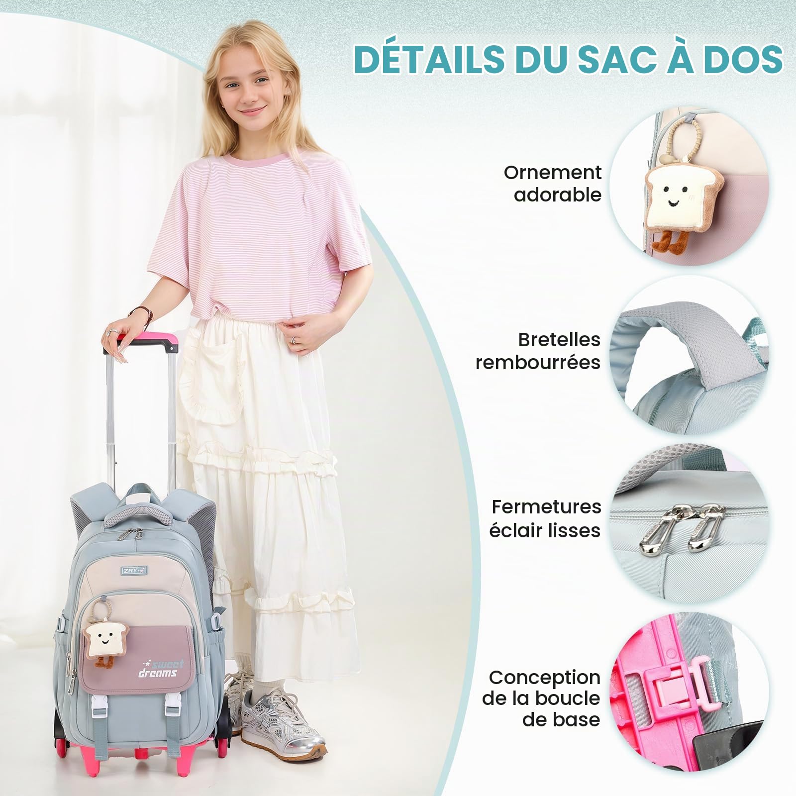 Amythe Cartable a Roulette Fille, 16 Pouces Sac à Dos College à Roulette pour Adolescents, Sac D'école Fille de 36L avec Chariot Imperméable pour L'école Voyage, 6 Roues