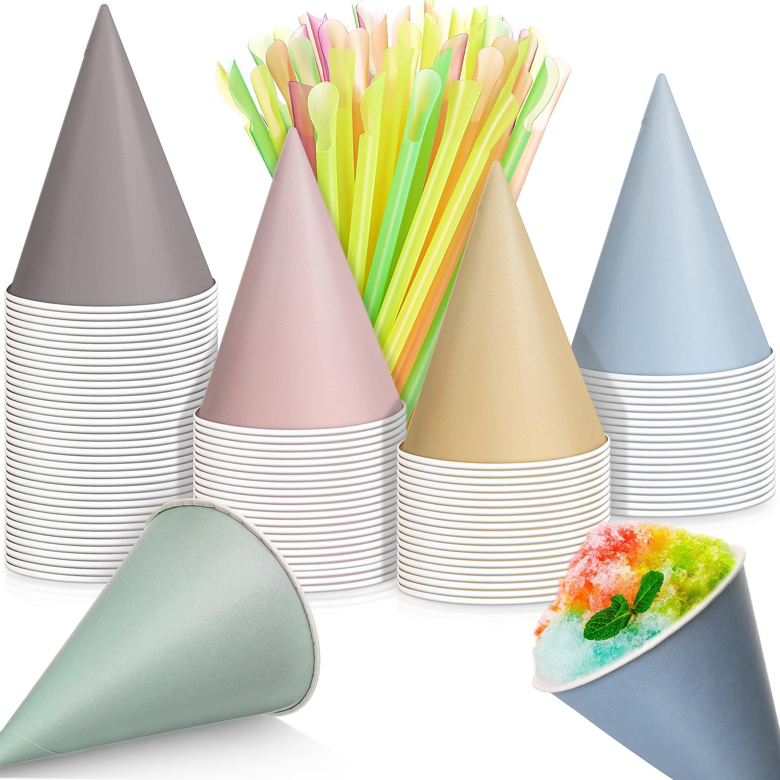 Boao 100 Pcs Snow Cone Cups Syrup Spoon Straws,Morandi,4.5 Oz