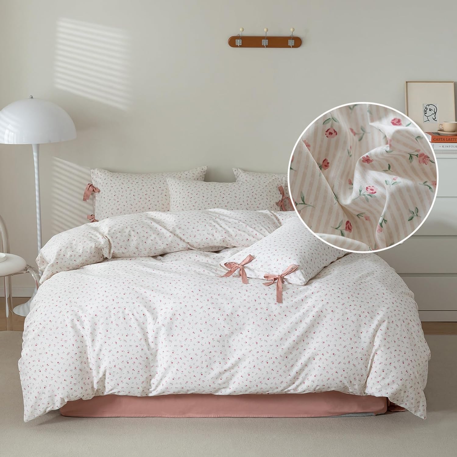 LifeTB Boho Farmhouse Comforter Set Twin XL Botanical Floral Bedding Comforter with 2 Bow Tie Pillowcases Coquette Flowers Comforter Soft Fluffy Cottagecore Floral Stripes Bedding Set for Teen Girls โ image 1