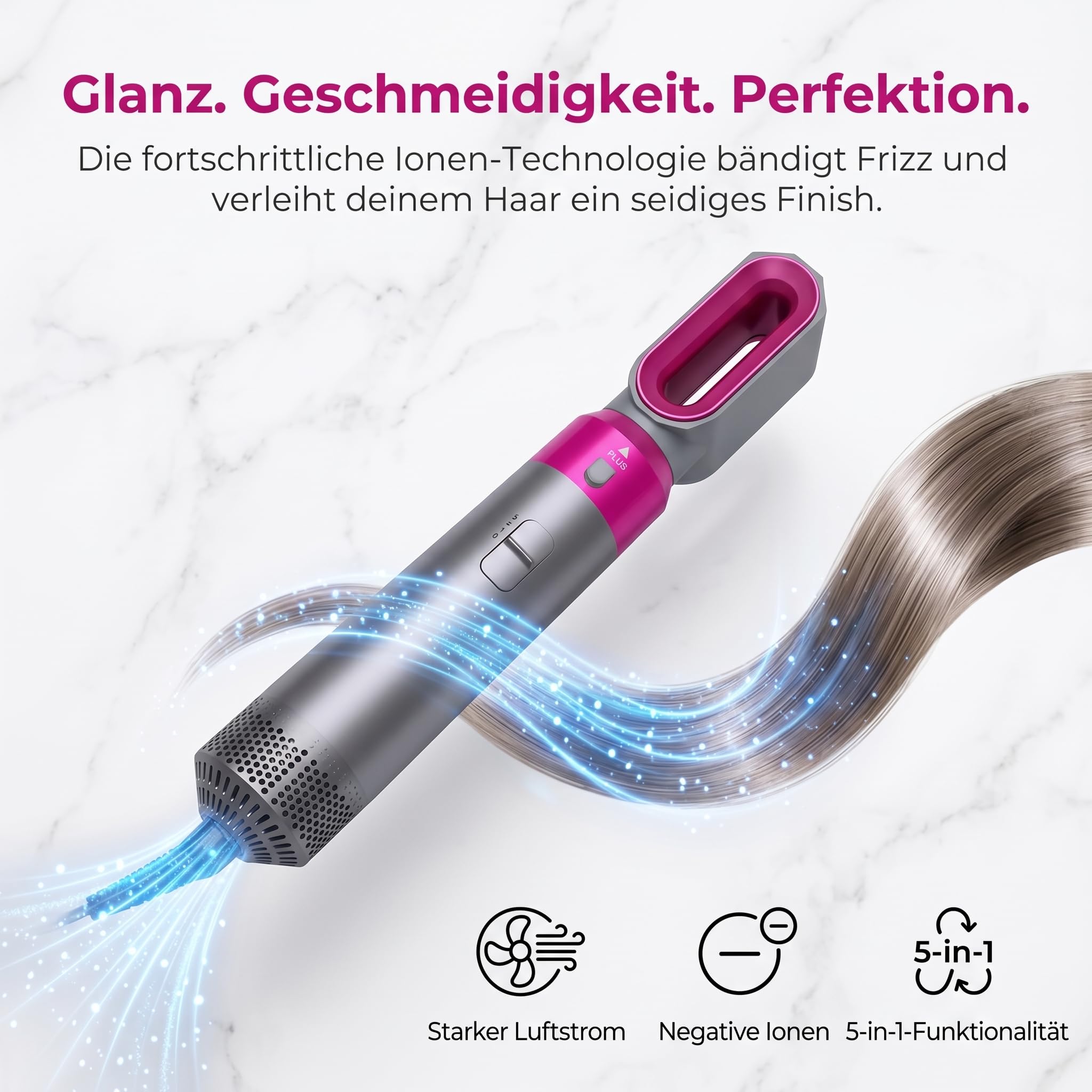 5 in 1 Hairstyler Set - Air Styler set mit 1000W Warmluftbürste mit Föhn, Lockenstab, Glättbürste – Trocknen, Glätten, Locken für alle Haartypen, Luftcurler Stylinggerät
