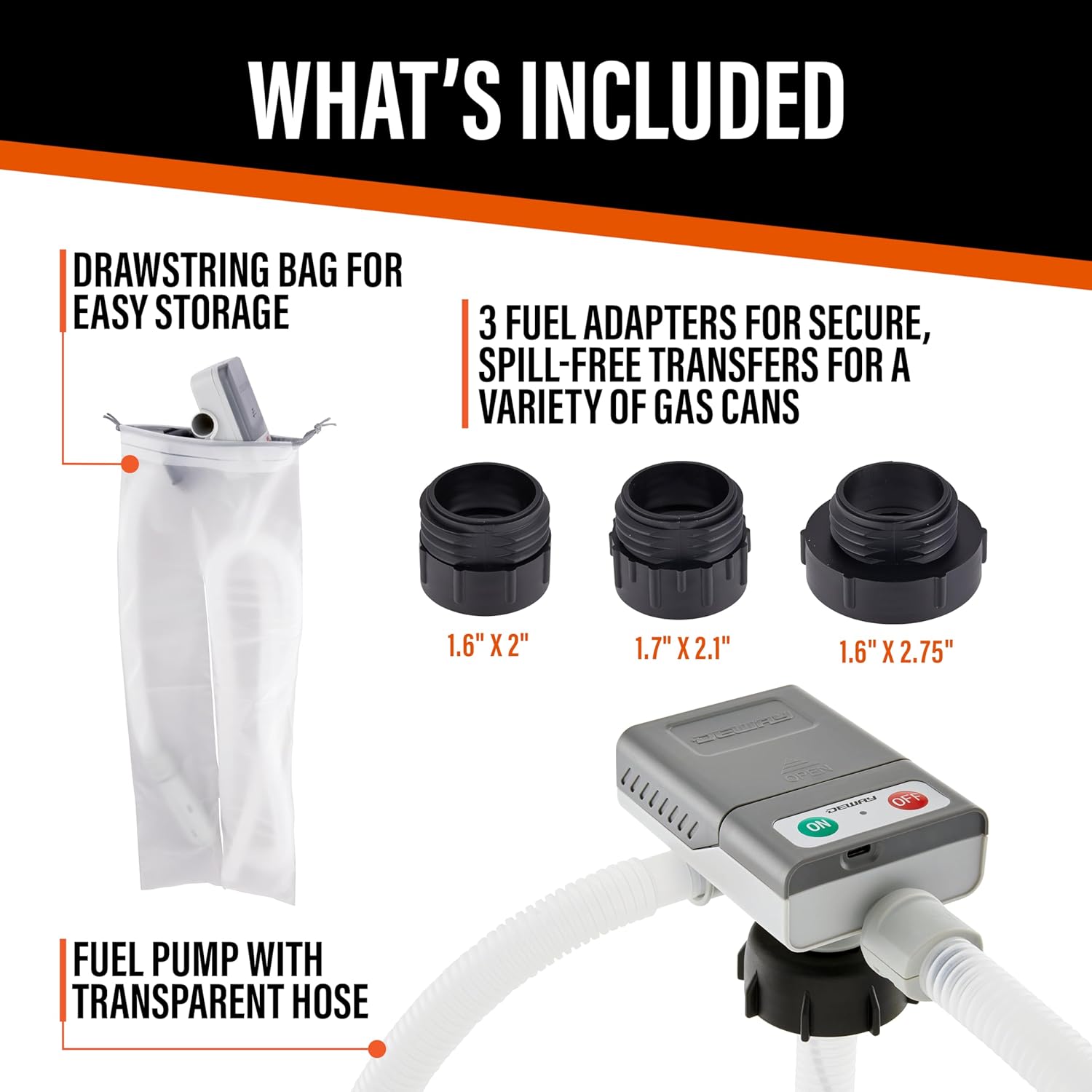 DeWay Fuel Transfer Pump for Gas Can with Basic Clip-On Nozzle | Fast 2.4GPM Flow Rate, Long 51” Tube, Easy 4 AA Battery Power & 3 Fuel Can Adapters for Gasoline, Kerosene, Diesel & Non-Potable Water