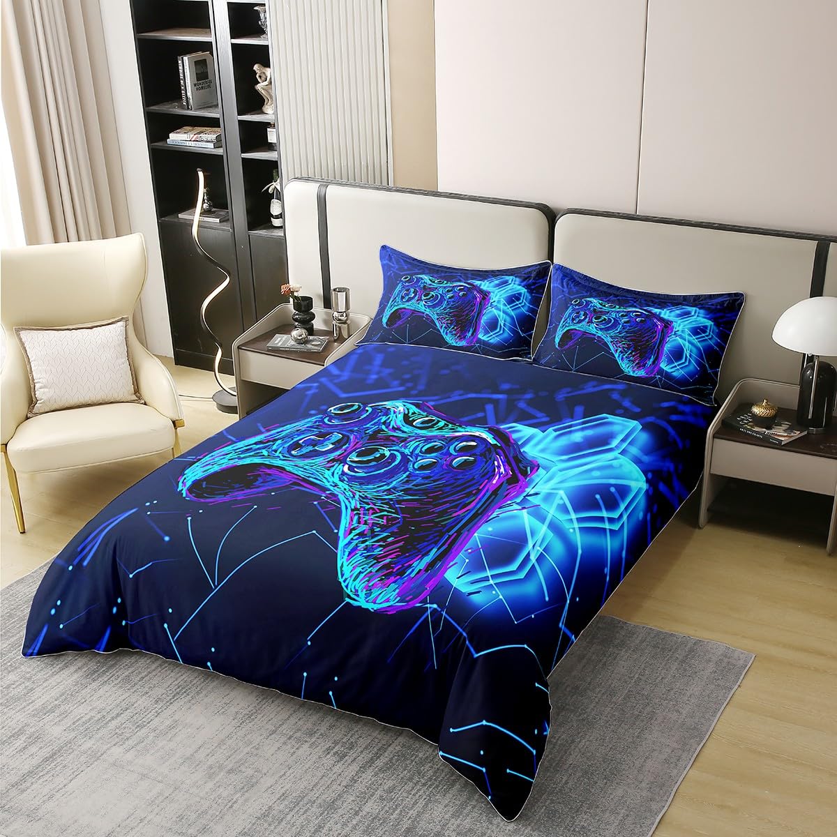 Loussiesd Funda nórdica para niños, diseño de mando de videojuegos azul, decoración moderna para adolescentes y adolescentes, 135 x 200 cm, 100% algodón puro