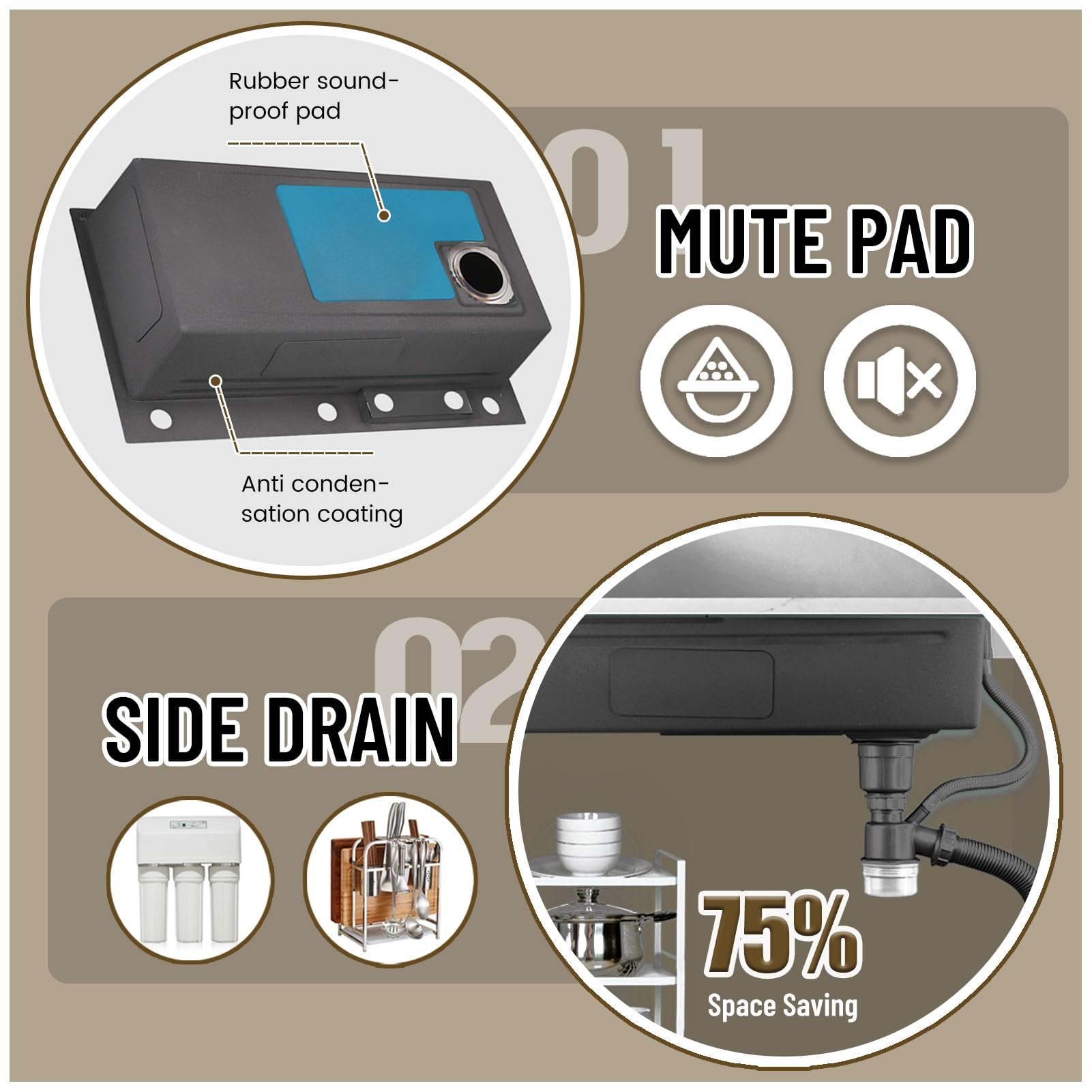 Fregadero de Cocina Grande con escurridor, Fregadero de un Solo Seno para encimera, para instalación empotrada, Acero Inoxidable Essential, Incluye Kit de desagüe Completo (Dorado,