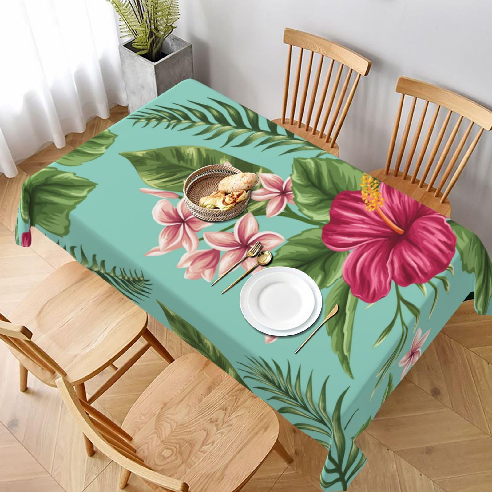 BNVSADC Hawaiian Tropical Leaves Flowers Printed Rectangle Tablecloth 228x152 CM, Water Resistant Polyester Table Cloth Decorative Fabric Table Covers for Kitchen Dining Table Parties Camping