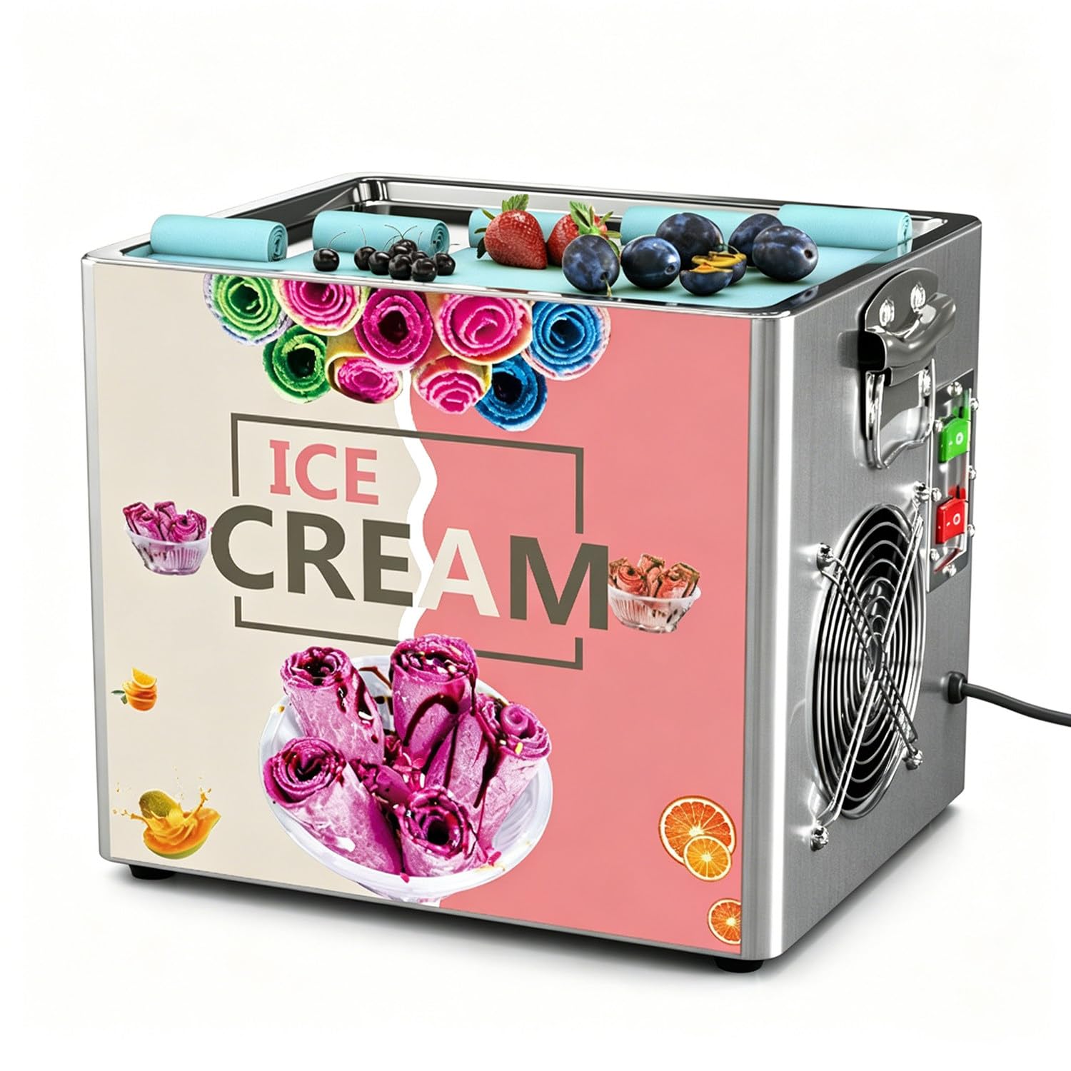 Fablestoryem Electric Fried Ice Cream Roll Maker, Home Use Stir-Fried Yogurt Machine with 30x24cm Single Square Pan & 2 Scrapers for Homemade Stir-Fried Yogurt, Frozen-Desserts, and Ice Cream Rolls