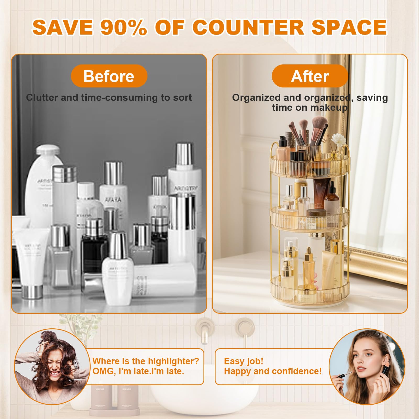 Organizador De Maquillaje: Soporte De Perfume Giratorio 360° De 3 Niveles, Organizador De Artículos De Tocador Y Belleza, para Tocador, Baño (Ámbar-A)